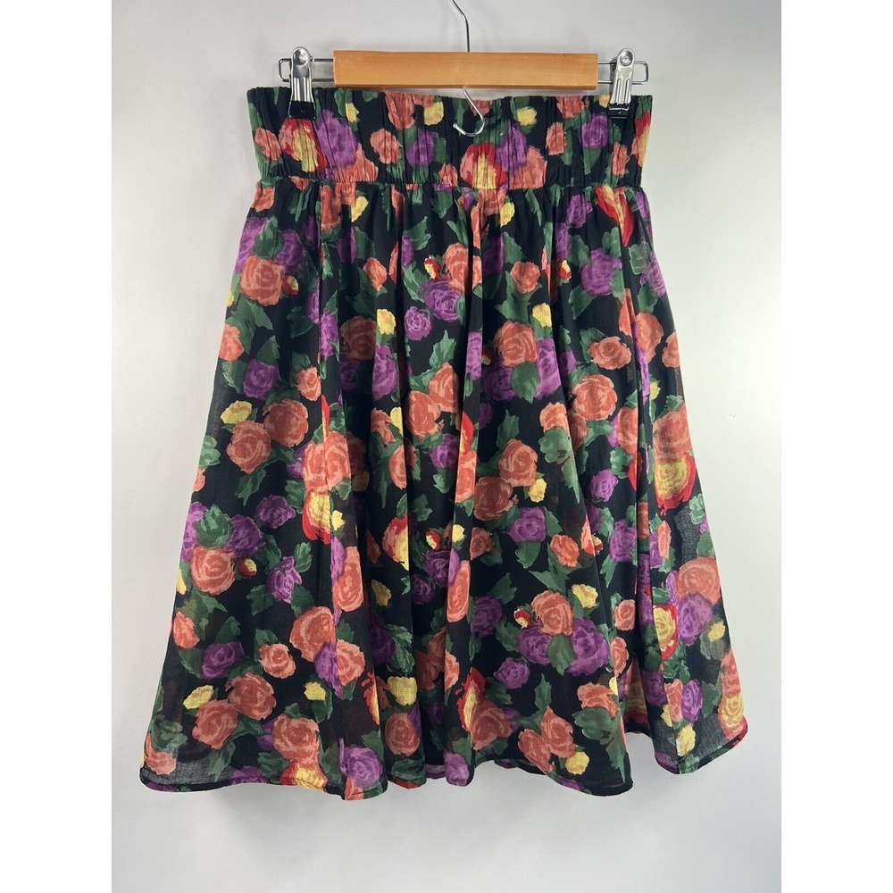 New Directions Skirt Women's Sz S‎ Black Floral Wide Stretch Waistband Lined